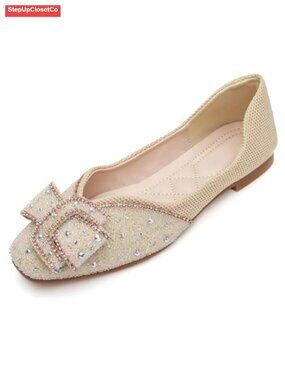 Women's Rhinestone Square Toe Slip On Flats Wedding Dress Shoes
